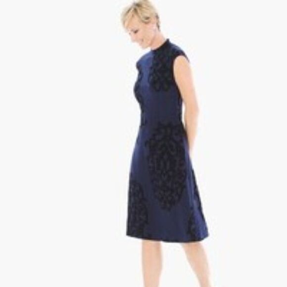 Chico's Navy Flocked Mock-Neck Sheath Dress - Picture 2 of 12